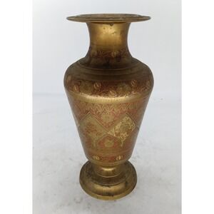 Etched Brass Vase Floral Geometric Design Red Enamel Inlay Heavy Decor 11"   a4